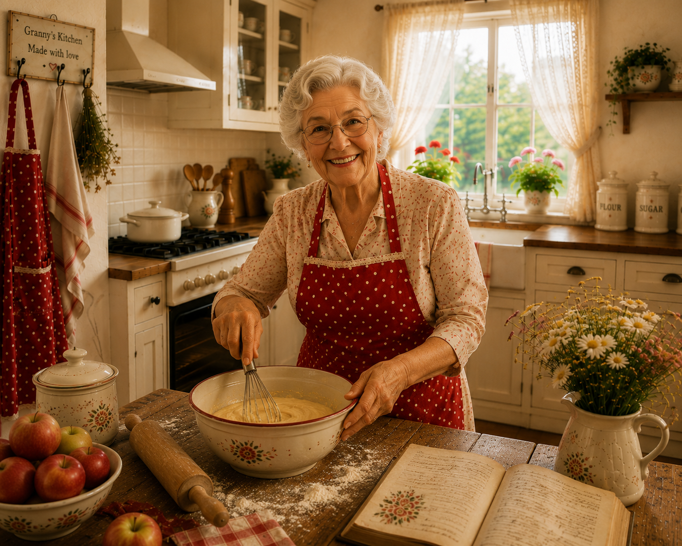 Granny whisking cake batter in her sunny cottage kitchen