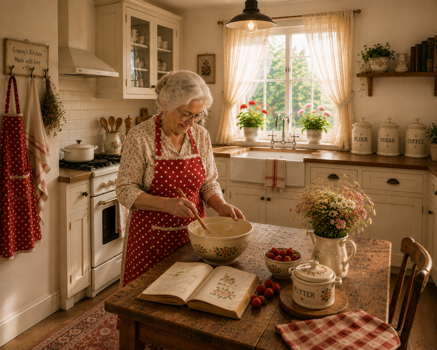 Granny mixing batter at her kitchen table beside her open recipe book