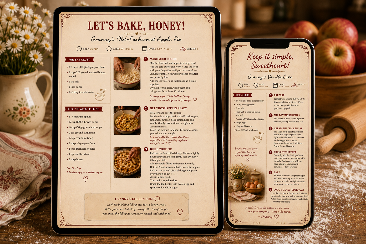 Granny's digital recipe book shown on a tablet and phone